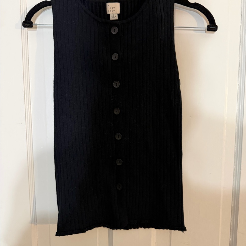a new day Black Ribbed Button-Front Top